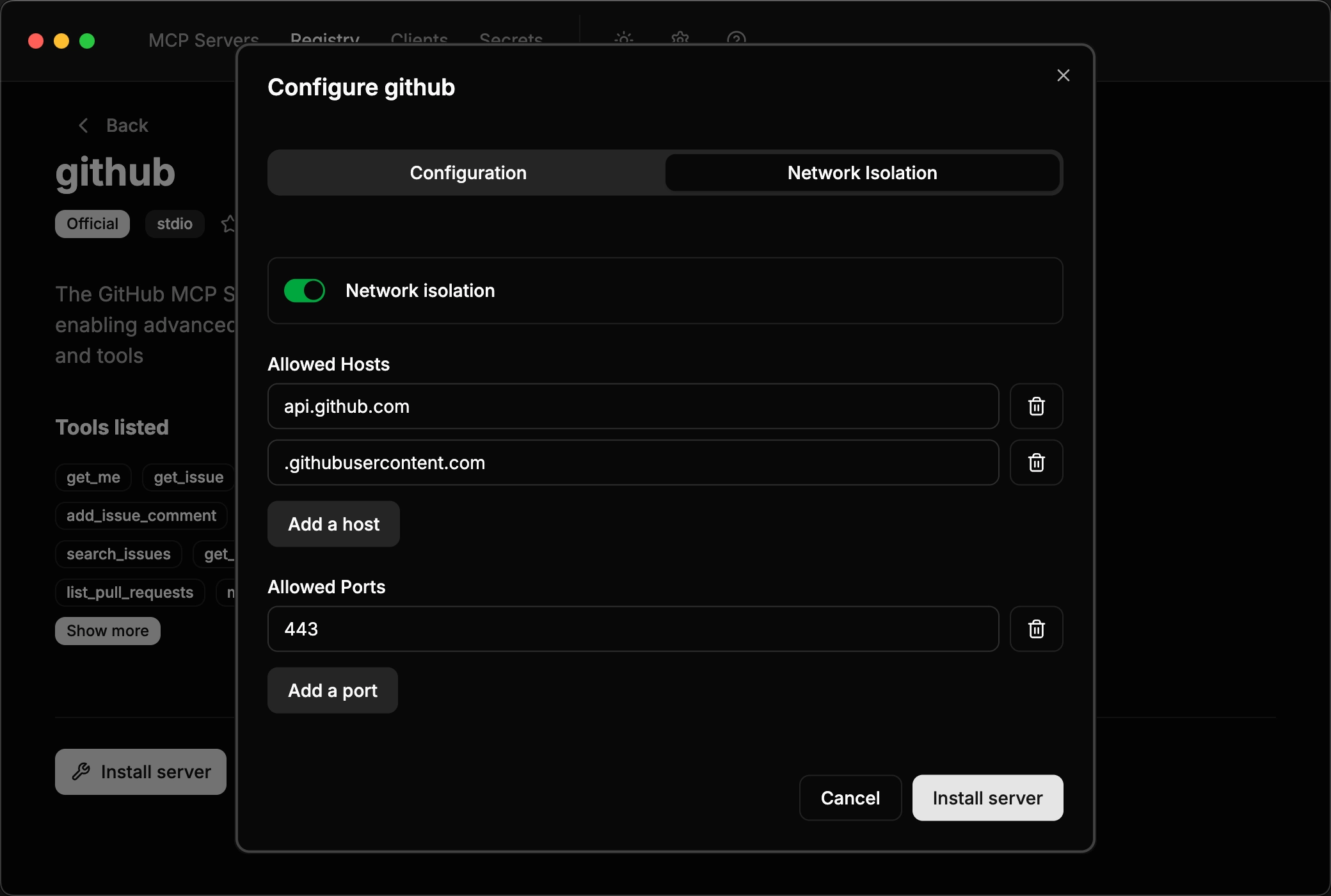 Network isolation configuration showing allowed hosts and ports